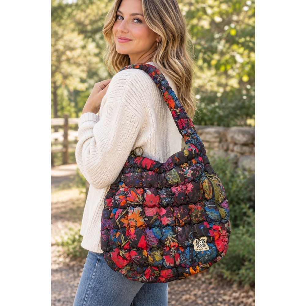 Natural Life Puffy Fit-It-All Bag Dark Floral Garden Print Quilted Boho Bubble
